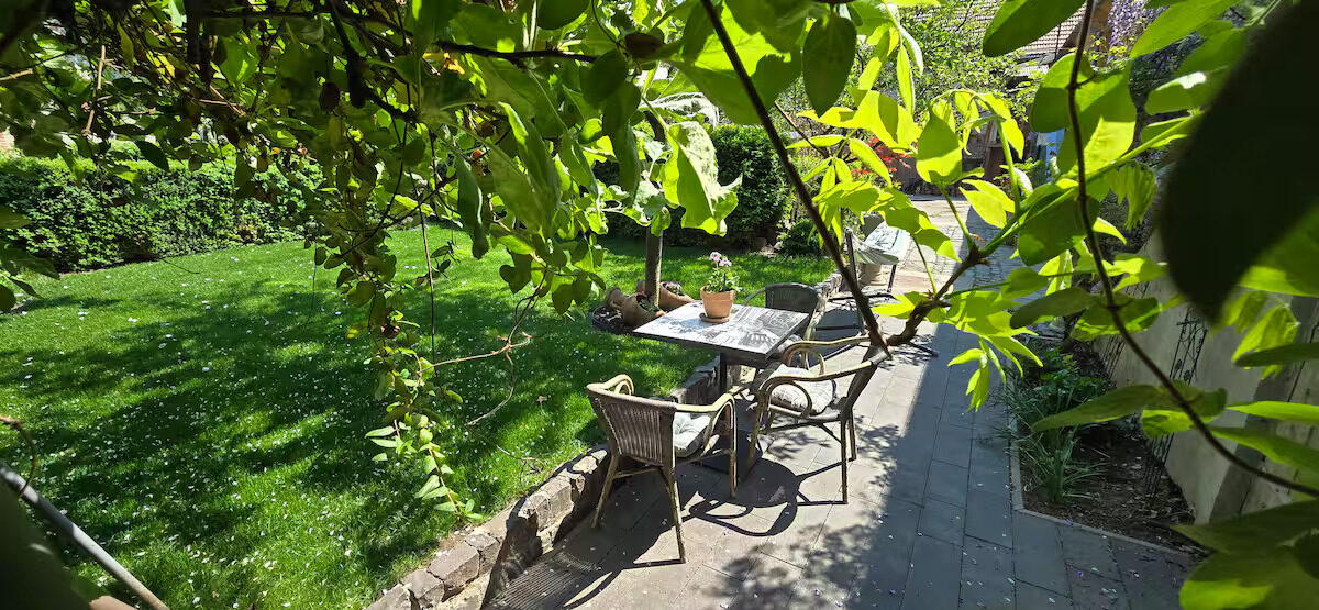 Masa si scaune in gradina, sub copaci